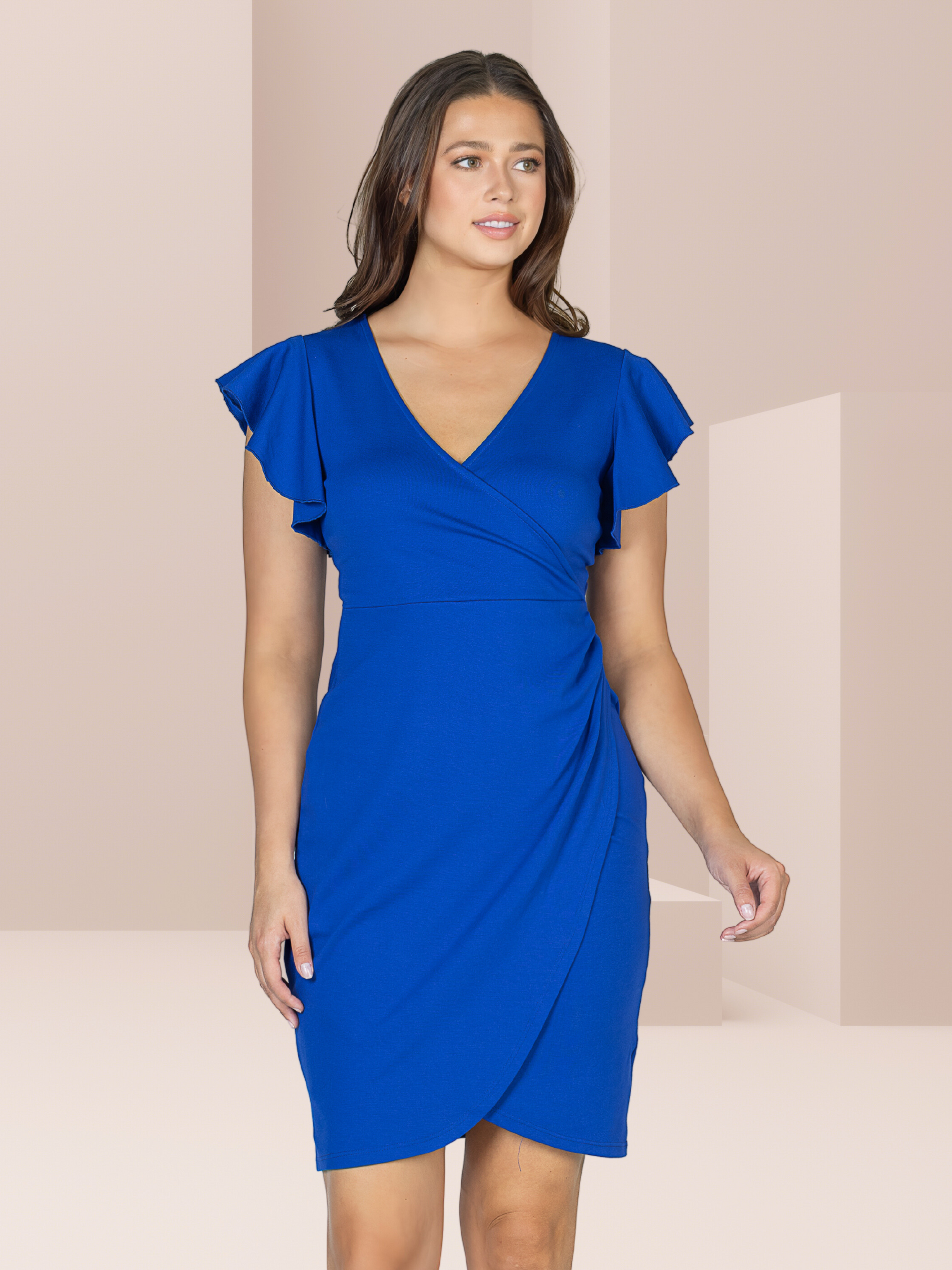 Womens V Neck Ruffle Sleeve Knee Length Dress