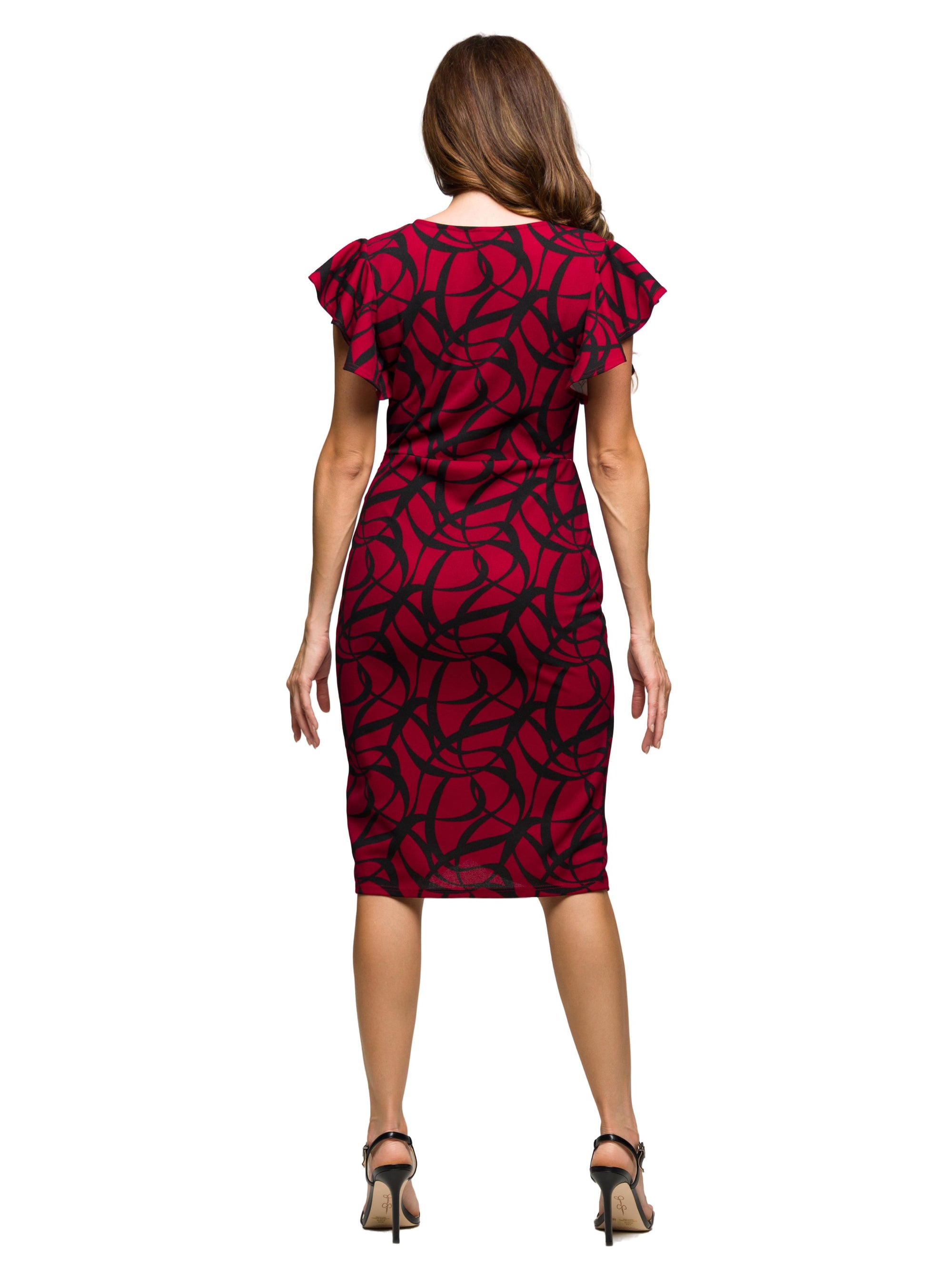 24seven Comfort Apparel Burgundy Print Flutter Sleeve Faux Wrap Dress