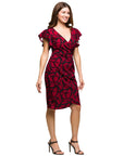24seven Comfort Apparel Burgundy Print Flutter Sleeve Faux Wrap Dress