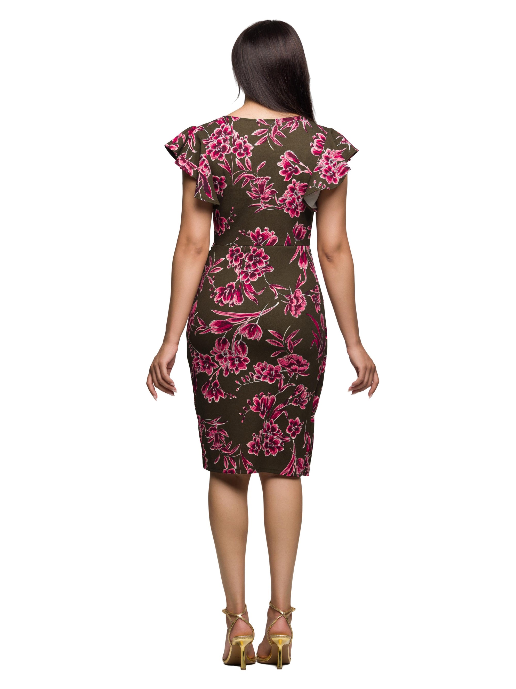24seven Comfort Apparel Brown and Pink Floral Flutter Sleeve Wrap Dress