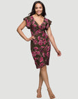 24seven Comfort Apparel Brown and Pink Floral Flutter Sleeve Wrap Dress