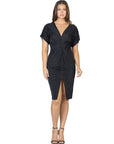 Womens Short Sleeve V Neck Twist Front Split Hem Dress