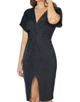 Womens Short Sleeve V Neck Twist Front Split Hem Dress