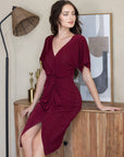 Womens Short Sleeve V Neck Twist Front Split Hem Dress