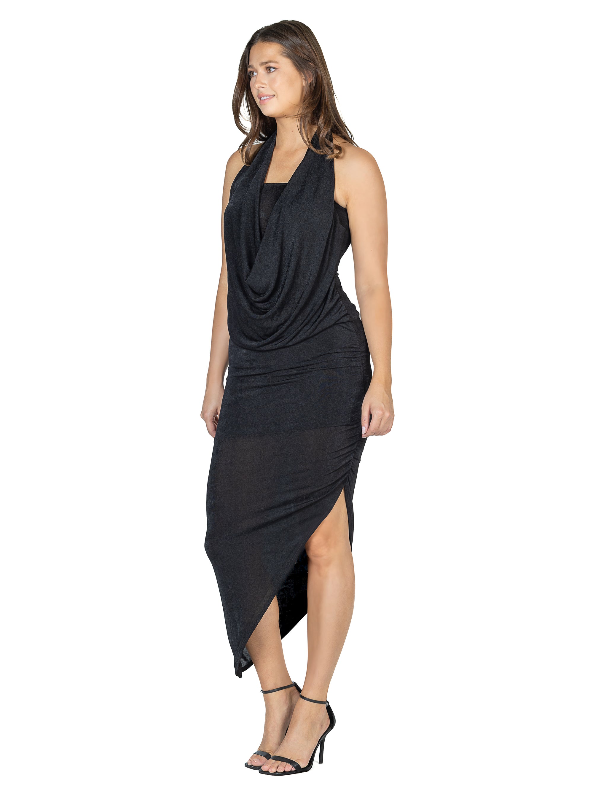 Womens Cowl Neck Long Asymmetrical Backless Halter Dress
