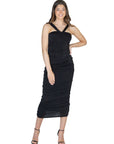 Womens Halter Cross Neck Ruched Bodycon Mid Dress