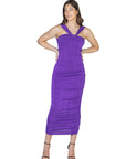 Womens Halter Cross Neck Ruched Bodycon Mid Dress