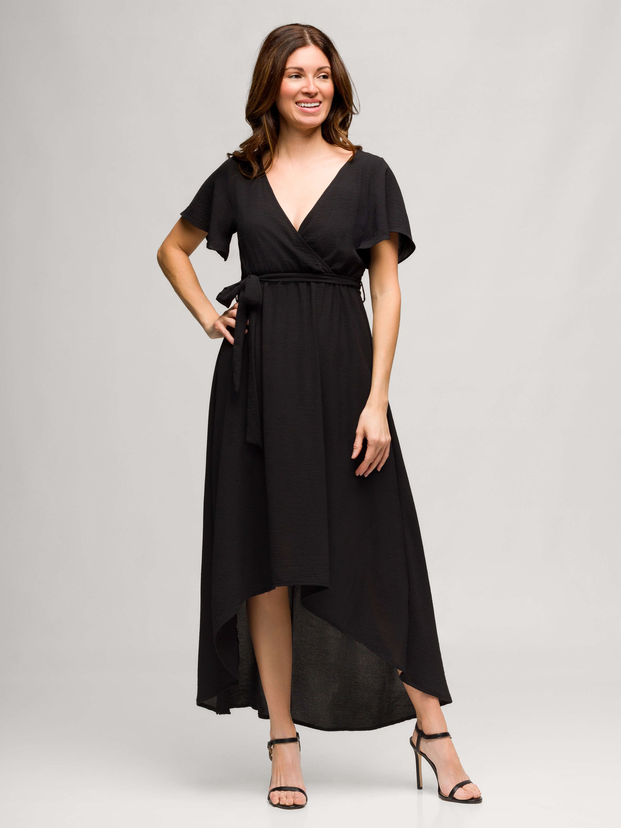 24seven Comfort Apparel Womens V Neck Belted Faux Wrap High Low Dress