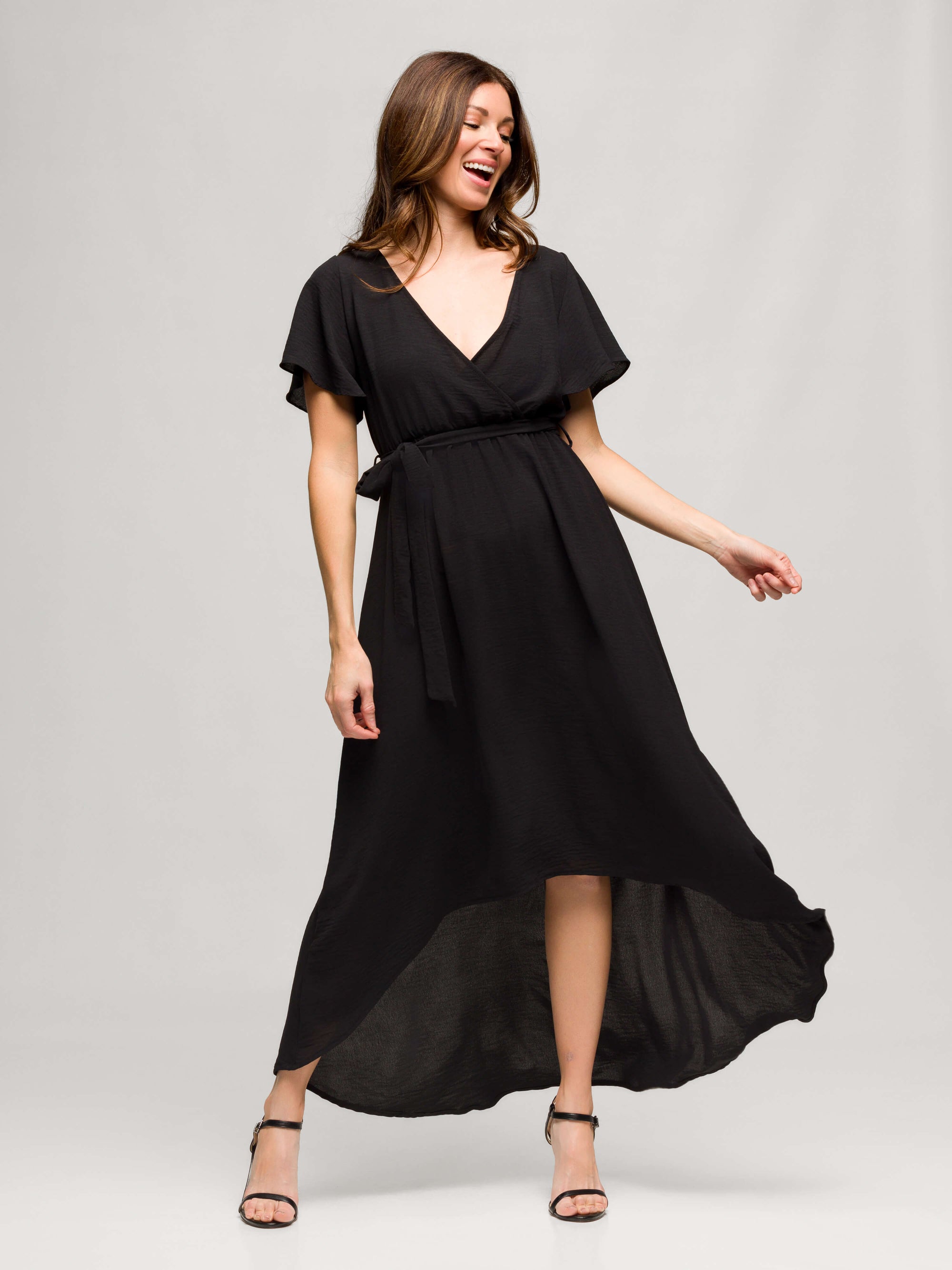 24seven Comfort Apparel Womens V Neck Belted Faux Wrap High Low Dress