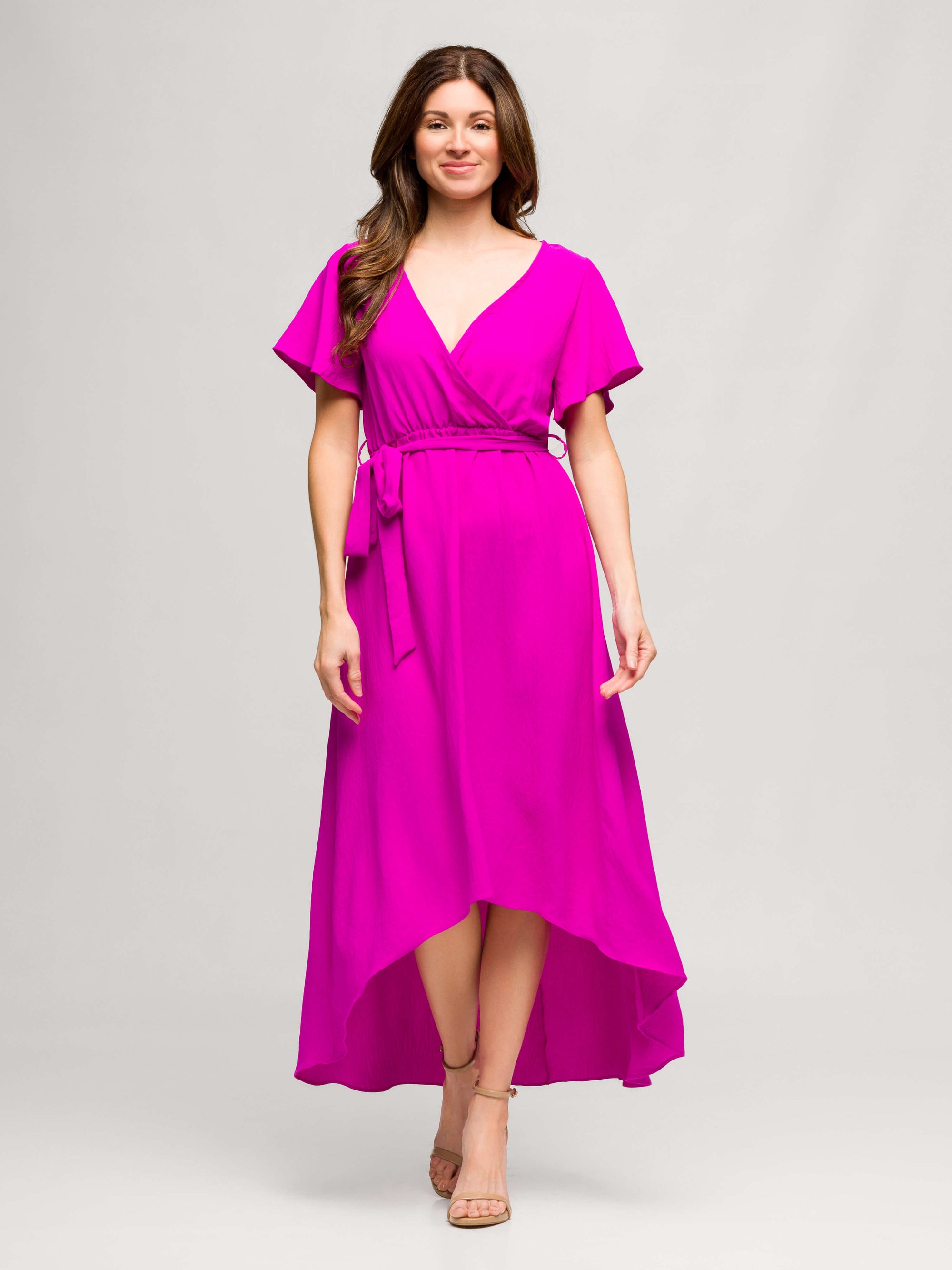 24seven Comfort Apparel Womens V Neck Belted Faux Wrap High Low Dress