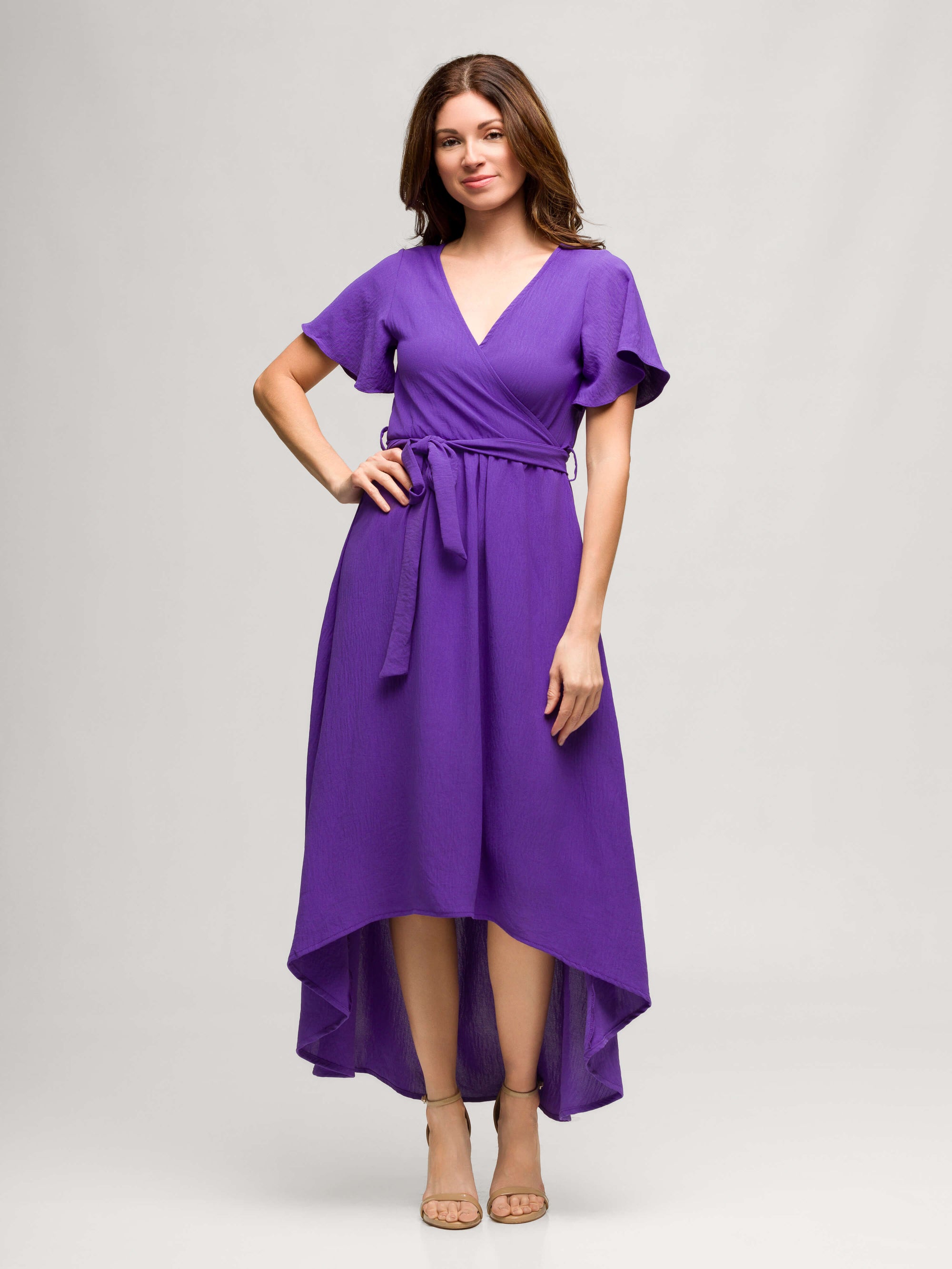 24seven Comfort Apparel Womens V Neck Belted Faux Wrap High Low Dress