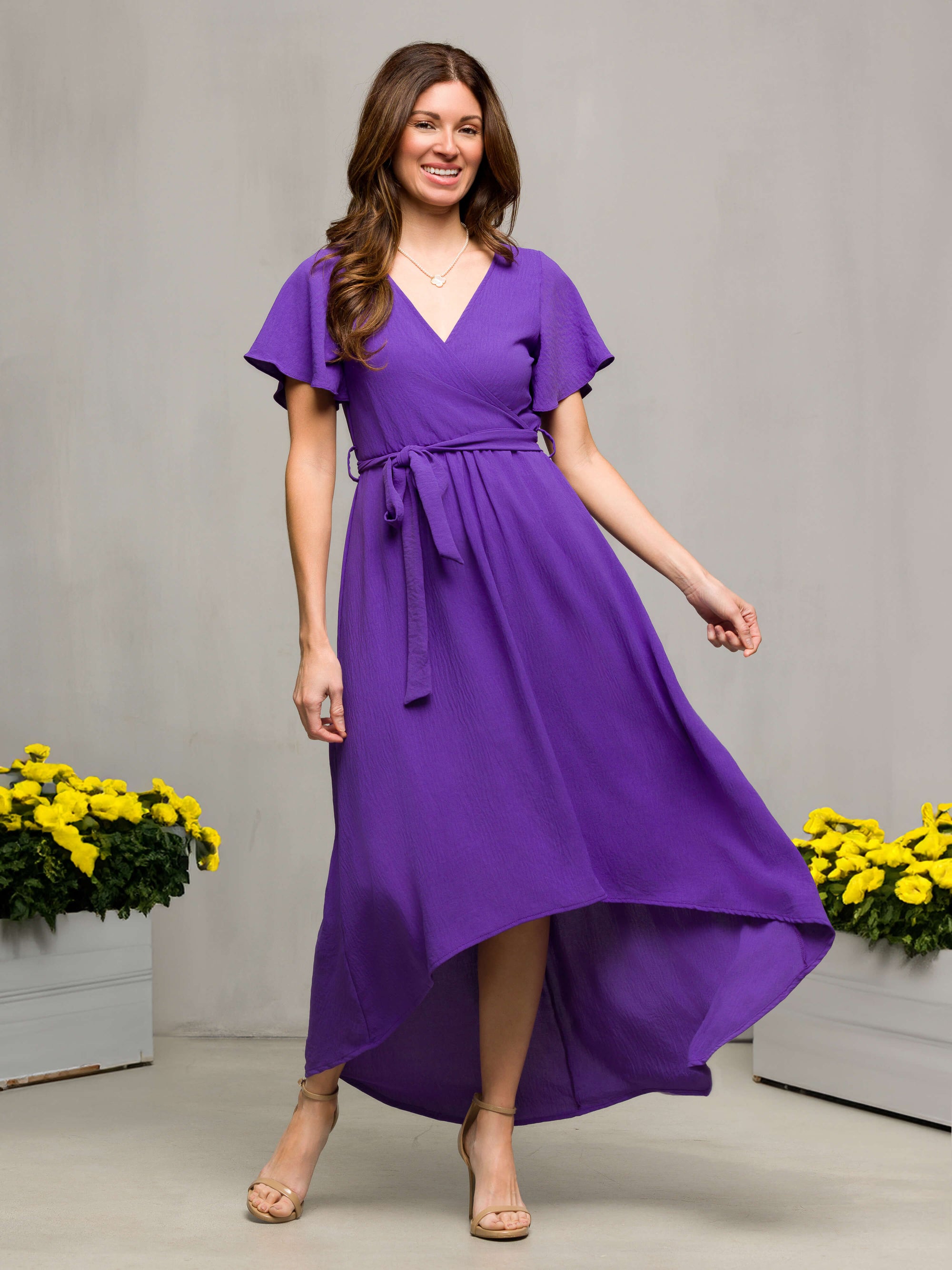 24seven Comfort Apparel Womens V Neck Belted Faux Wrap High Low Dress