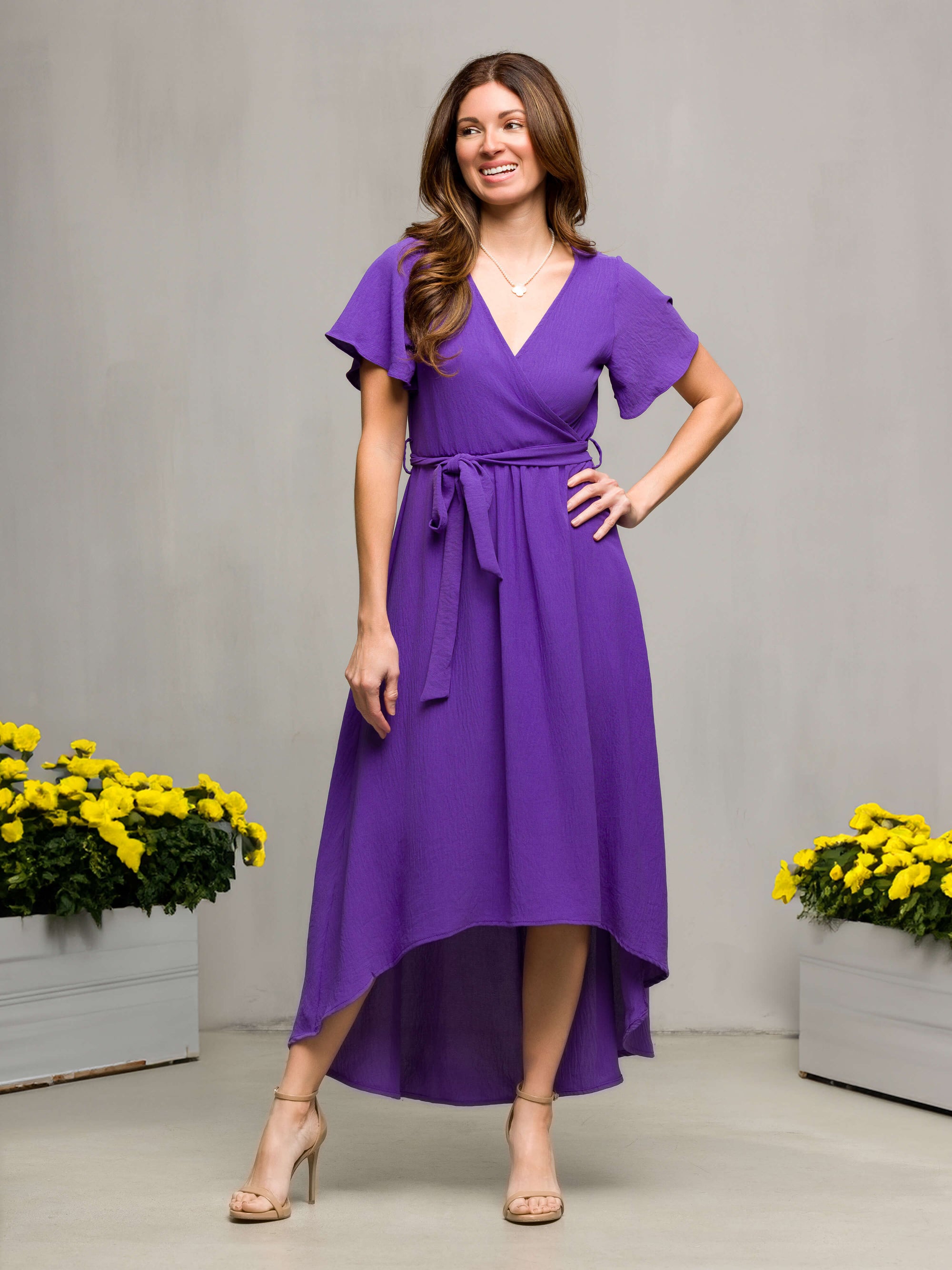 24seven Comfort Apparel Womens V Neck Belted Faux Wrap High Low Dress