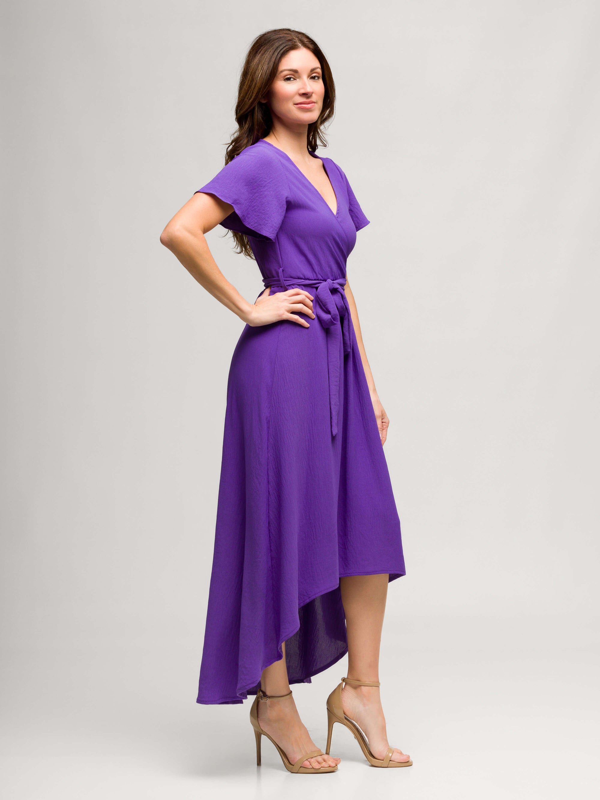 24seven Comfort Apparel Womens V Neck Belted Faux Wrap High Low Dress