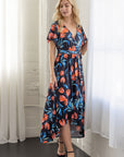 Womens Black Floral V Neck Belted High Low Faux Wrap Dress
