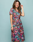 24seven Comfort Apparel Brown and Pink Print Short Sleeve Tie Waist Midi Dress