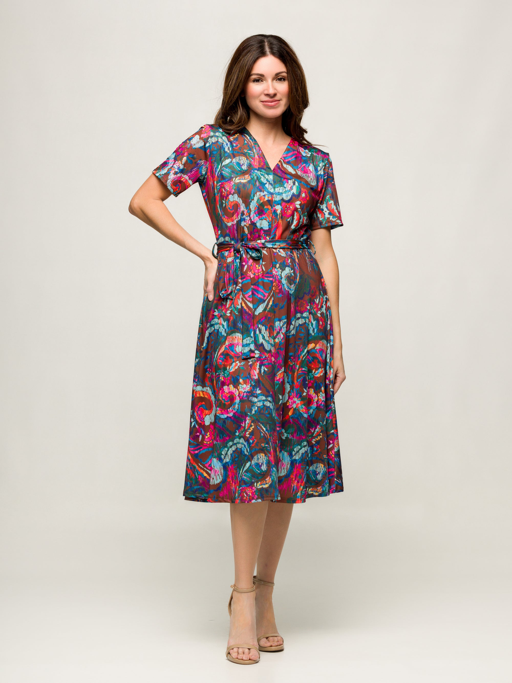 24seven Comfort Apparel Brown and Pink Print Short Sleeve Tie Waist Midi Dress