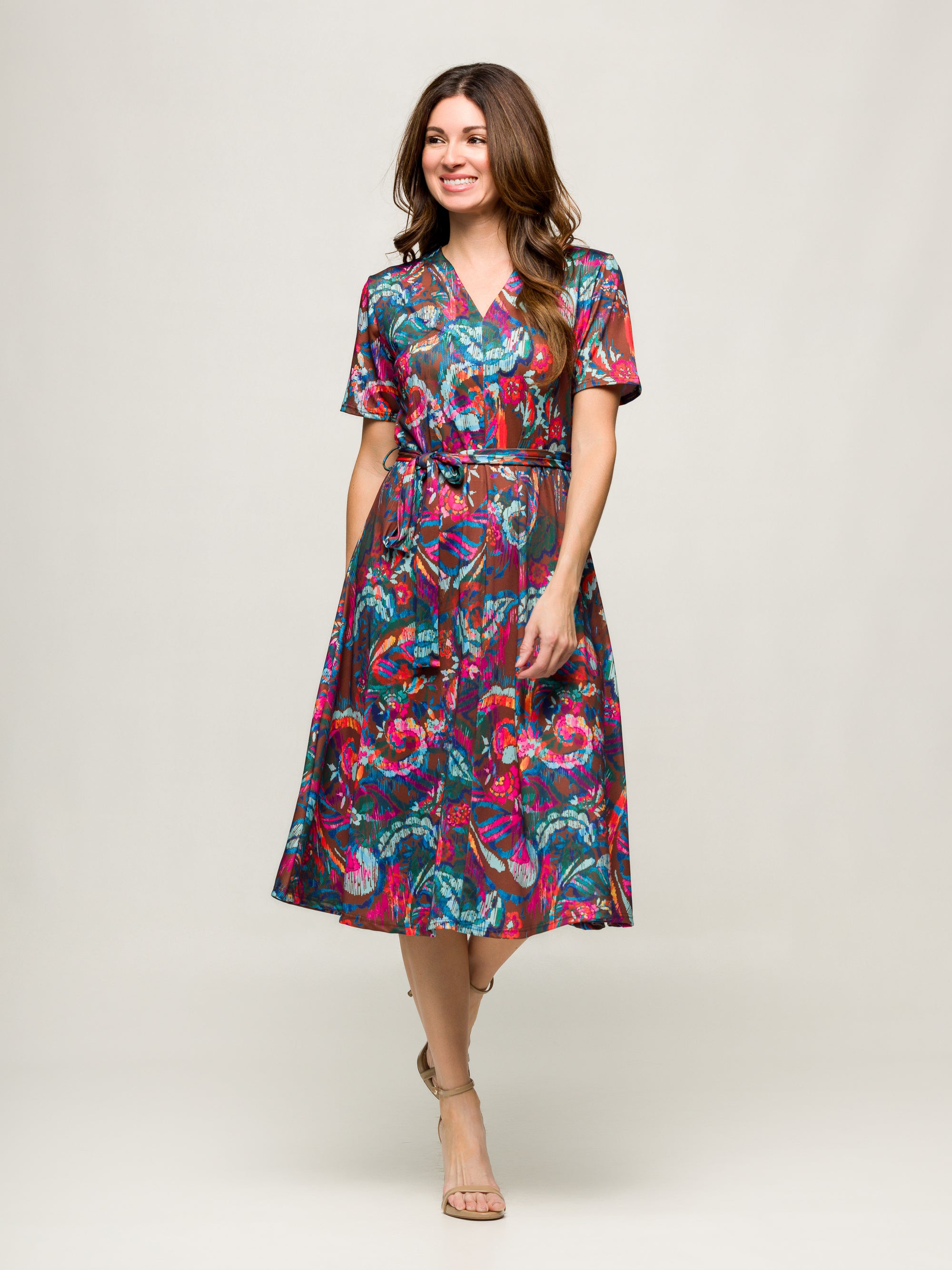 24seven Comfort Apparel Brown and Pink Print Short Sleeve Tie Waist Midi Dress