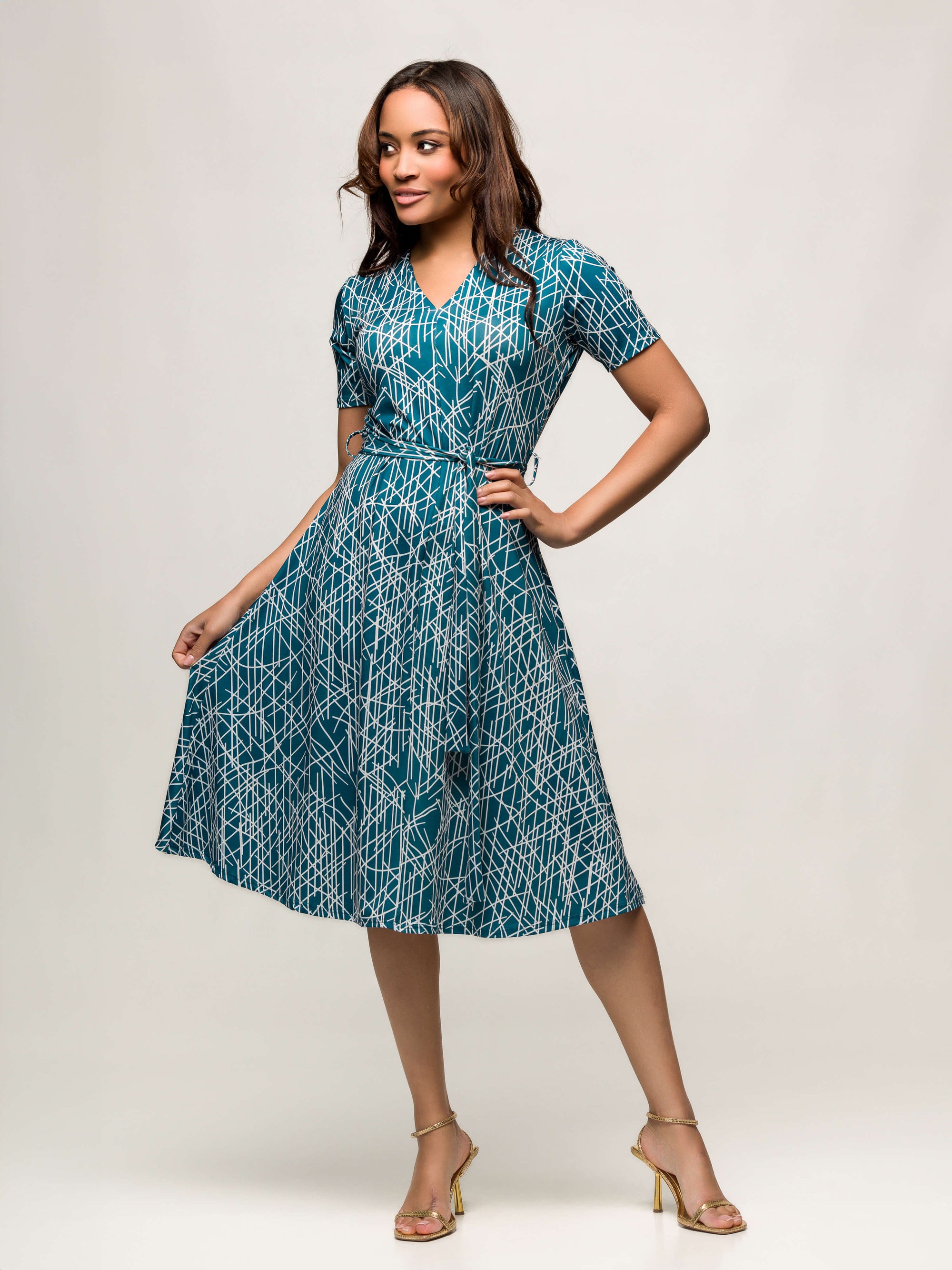 24seven Comfort Apparel Womens Teal Print Short Sleeve Tie Waist Midi Dress