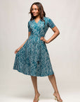 24seven Comfort Apparel Womens Teal Print Short Sleeve Tie Waist Midi Dress