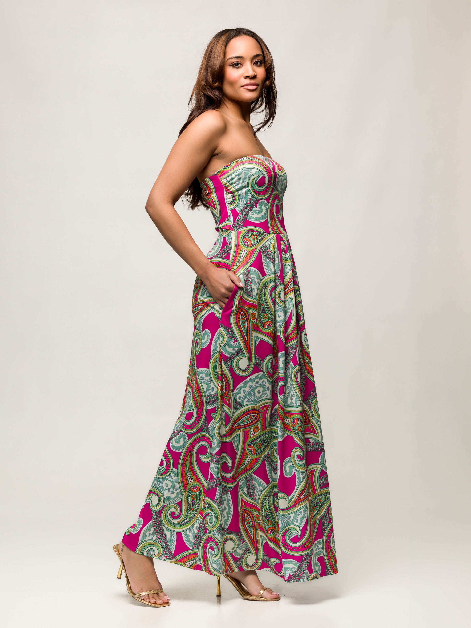 24seven Comfort Apparel Womens Pink Paisley A Line Strapless Maxi Dress With Pockets