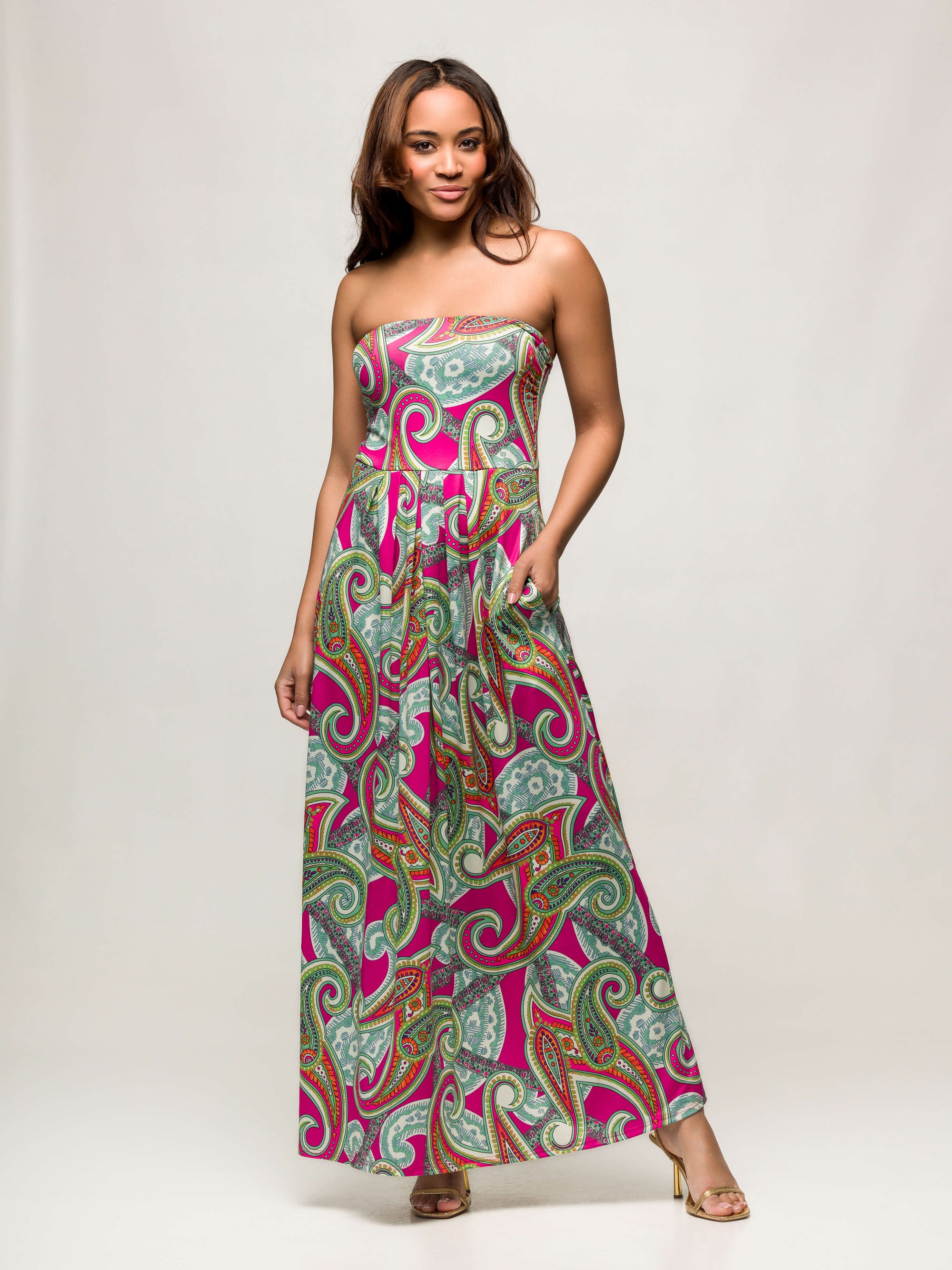 24seven Comfort Apparel Womens Pink Paisley A Line Strapless Maxi Dress With Pockets