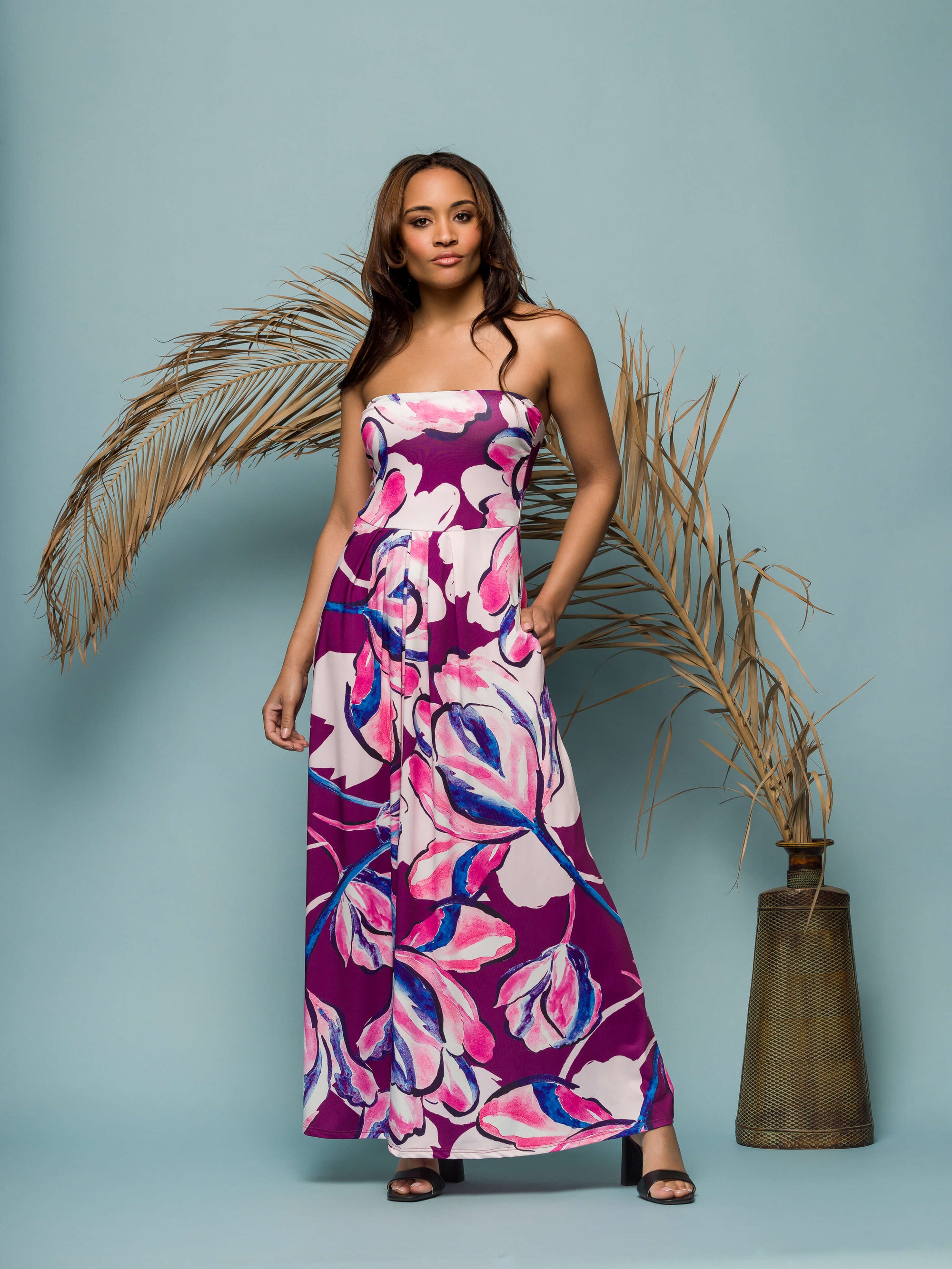 24seven Comfort Apparel Womens Purple Floral A Line Strapless Maxi Dress With Pockets