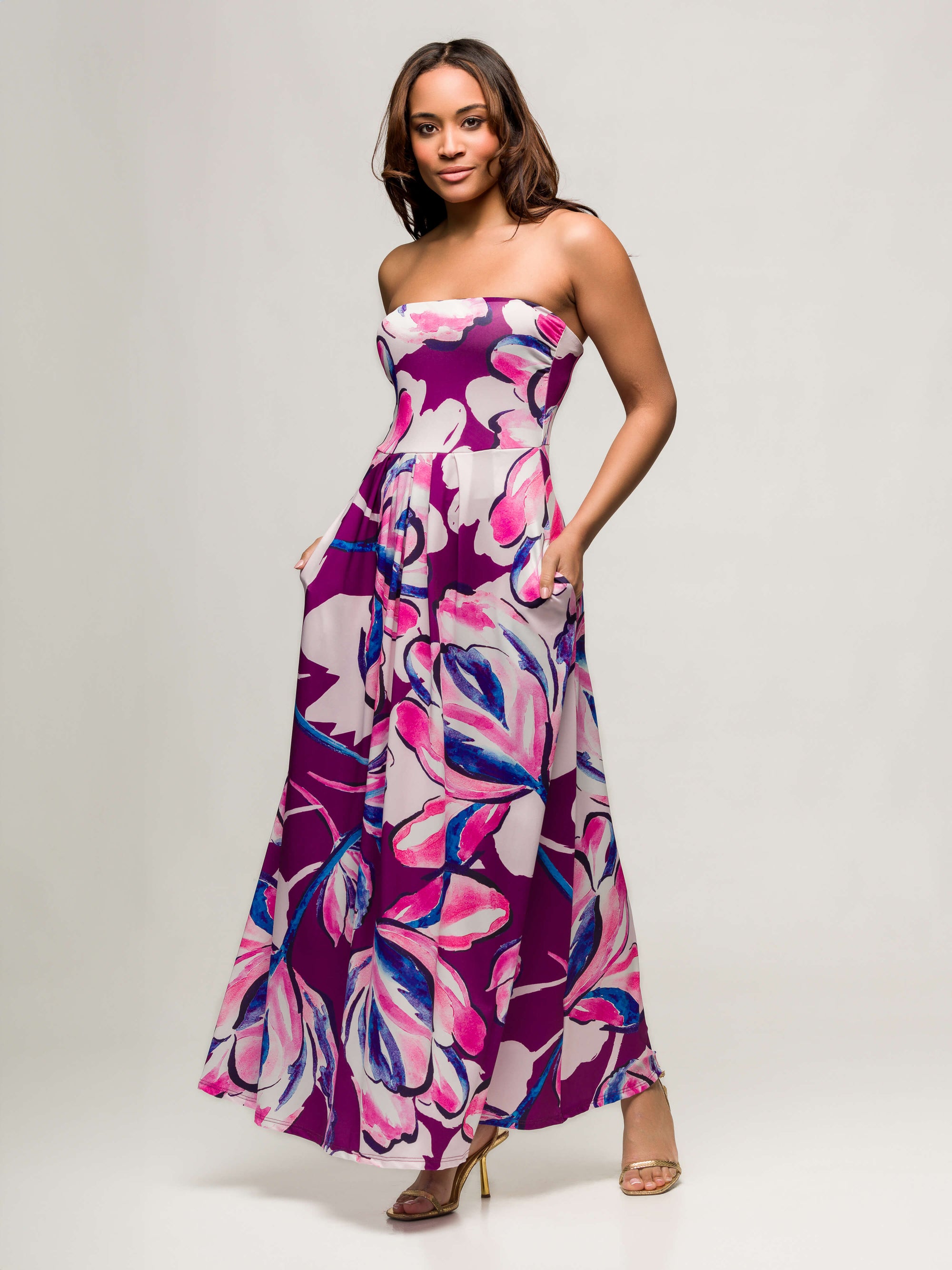 24seven Comfort Apparel Womens Purple Floral A Line Strapless Maxi Dress With Pockets