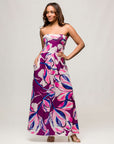 24seven Comfort Apparel Womens Purple Floral A Line Strapless Maxi Dress With Pockets