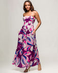 24seven Comfort Apparel Womens Purple Floral A Line Strapless Maxi Dress With Pockets
