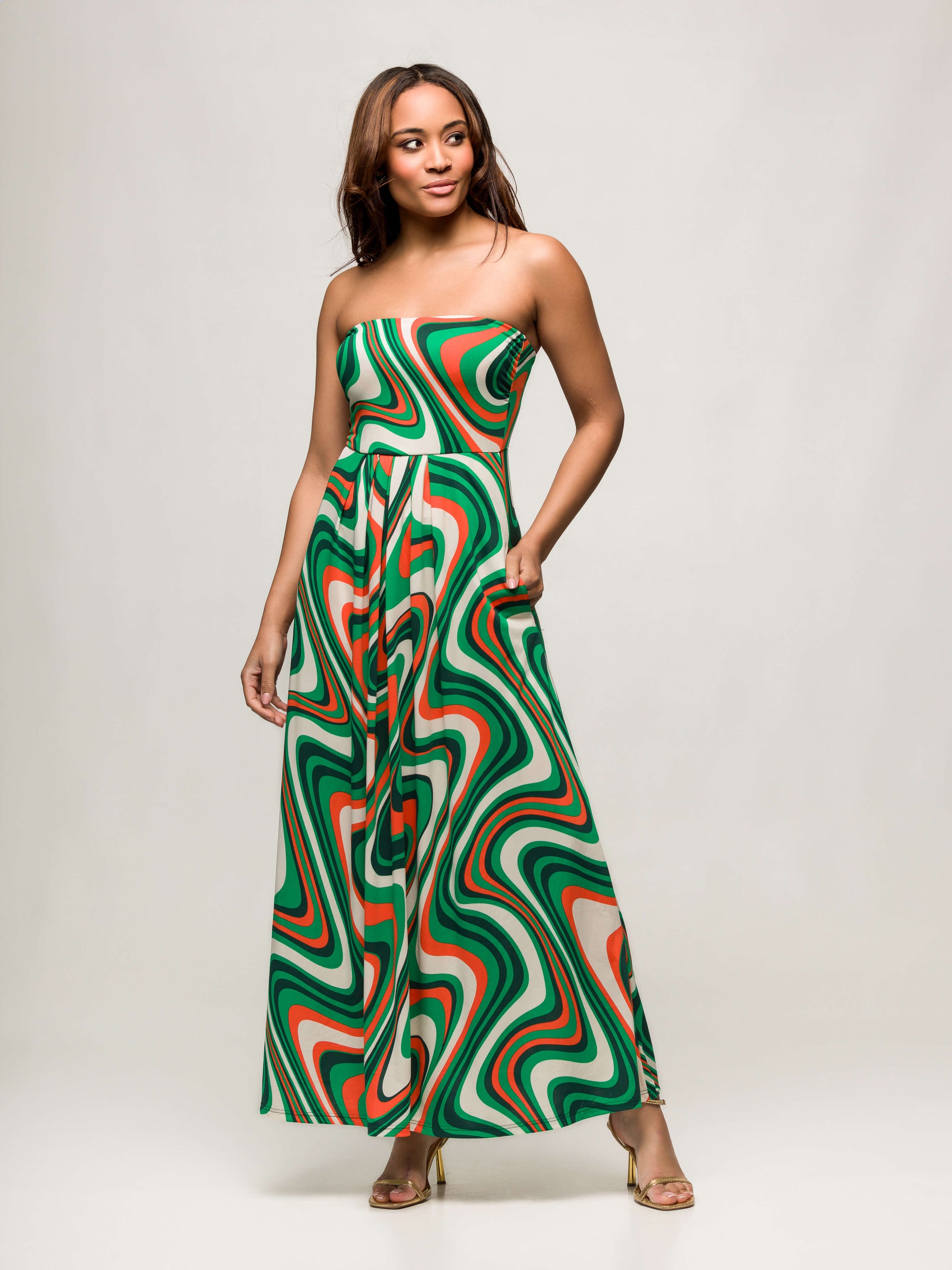 24seven Comfort Apparel Womens Green Print A Line Strapless Maxi Dress With Pockets