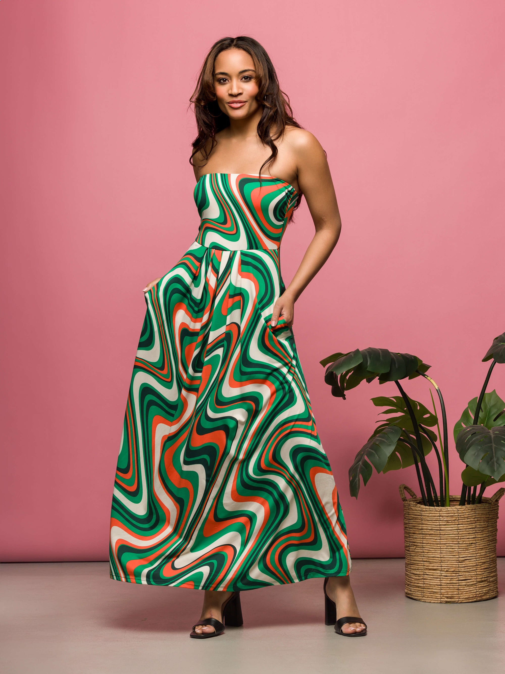 24seven Comfort Apparel Womens Green Print A Line Strapless Maxi Dress With Pockets