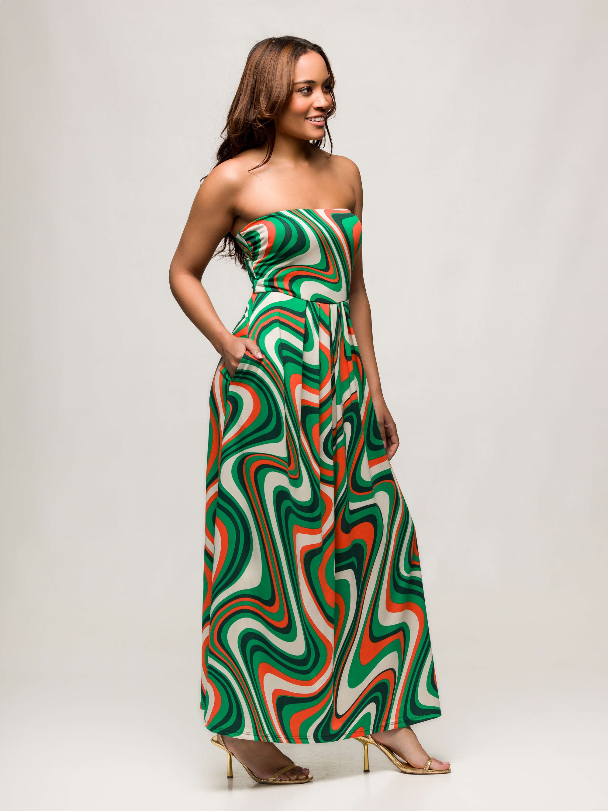 24seven Comfort Apparel Womens Green Print A Line Strapless Maxi Dress With Pockets