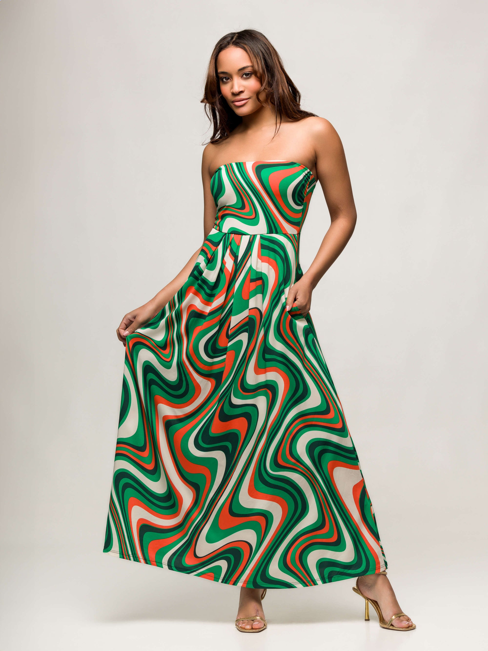 24seven Comfort Apparel Womens Green Print A Line Strapless Maxi Dress With Pockets