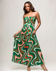 24seven Comfort Apparel Womens Green Print A Line Strapless Maxi Dress With Pockets