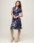24seven Comfort Apparel Womens Navy Print Short Sleeve Knee Length V Neck Wrap Dress