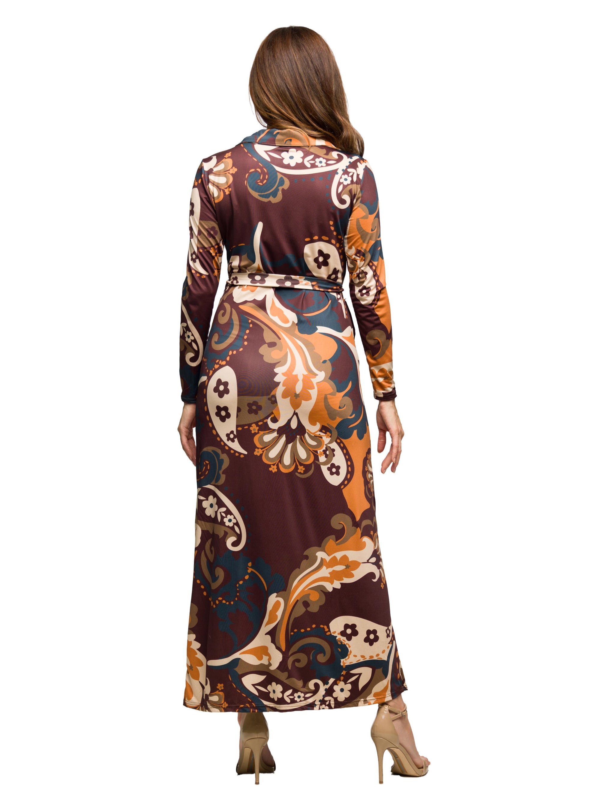 24seven Comfort Apparel Brown Paisley Belt Waist Maxi Dress