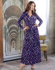 Purple Print Collared Wrap Maxi Dress