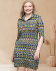 Green Geometric Print Three Quarter Sleeve Collar Mini Dress