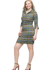 Green Geometric Print Three Quarter Sleeve Collar Mini Dress
