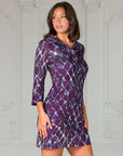 Purple Geometric Print Three Quarter Sleeve Collar Mini Dress