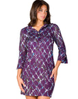 Purple Geometric Print Three Quarter Sleeve Collar Mini Dress