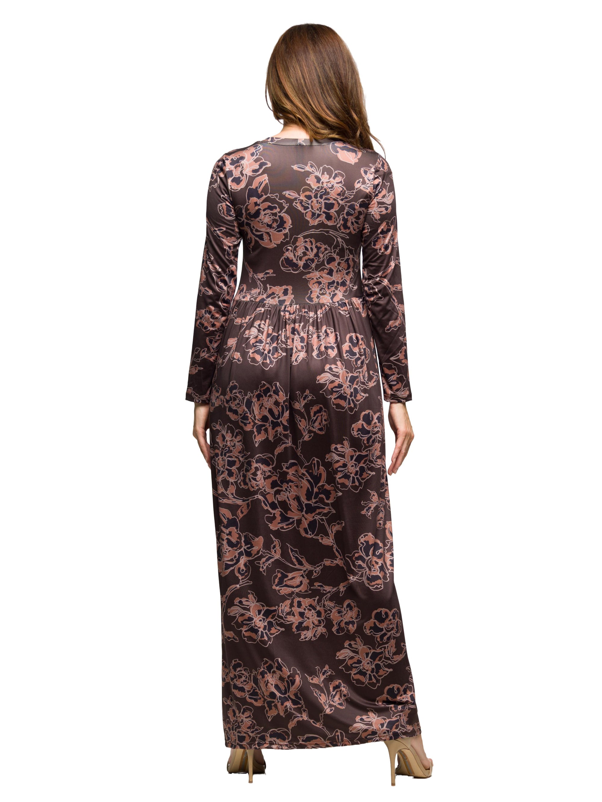 Brown Blush Floral Long Sleeve Scoop Neck Maxi Dress
