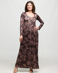 Brown Blush Floral Long Sleeve Scoop Neck Maxi Dress
