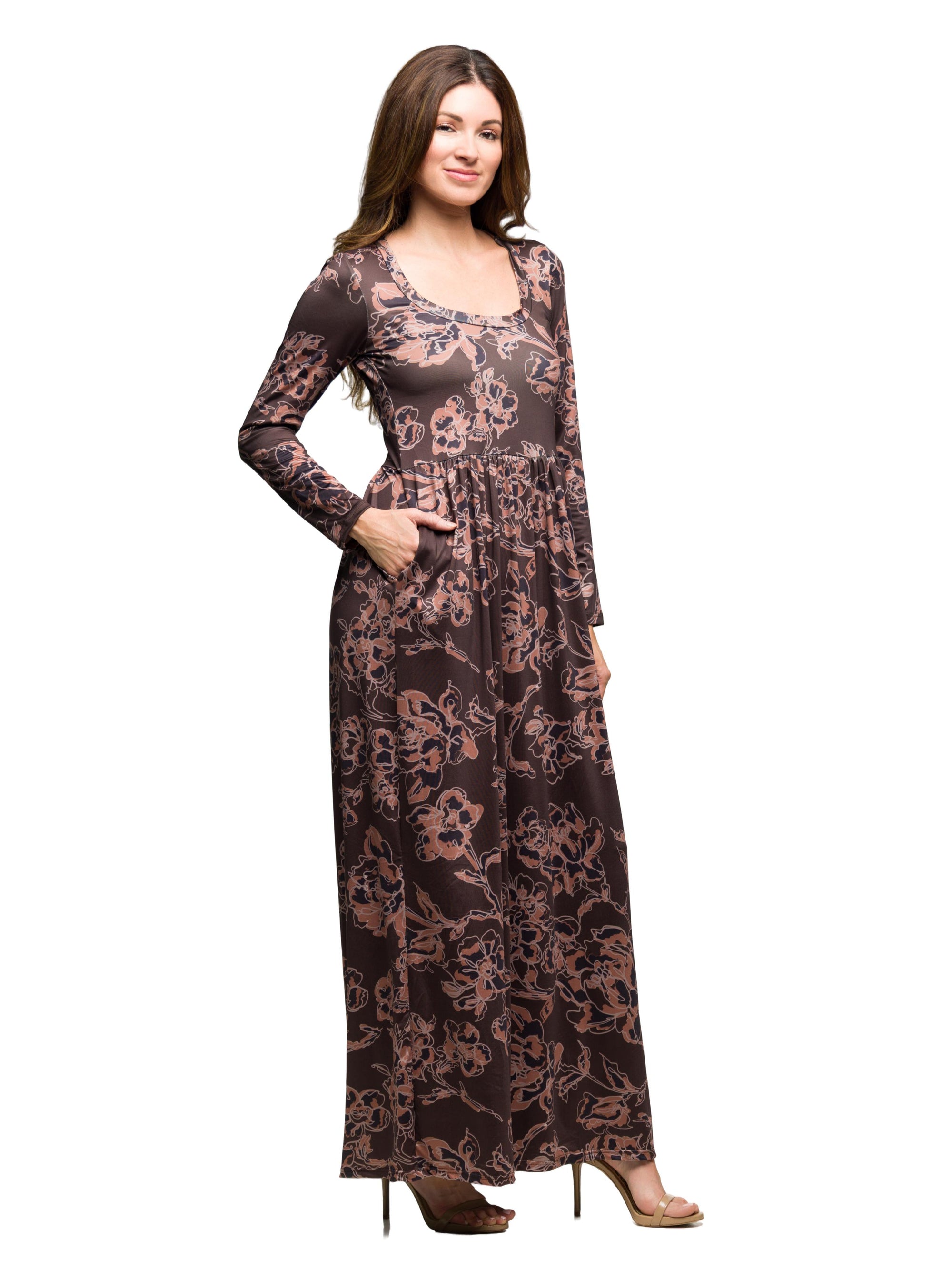Brown Blush Floral Long Sleeve Scoop Neck Maxi Dress