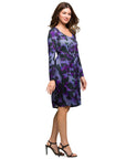 24seven Comfort Apparel Long Sleeve Empire Waist Dress Purple Black Print