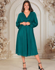 Shimmer Pleated V Neck Empire Waist Bishop Sleeve Midi Dress