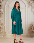 Shimmer Pleated V Neck Empire Waist Bishop Sleeve Midi Dress