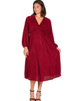 Shimmer Pleated V Neck Empire Waist Bishop Sleeve Midi Dress