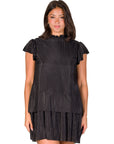 Ruffle Cap Sleeve High Neck Pleated Tiered Mini Dress